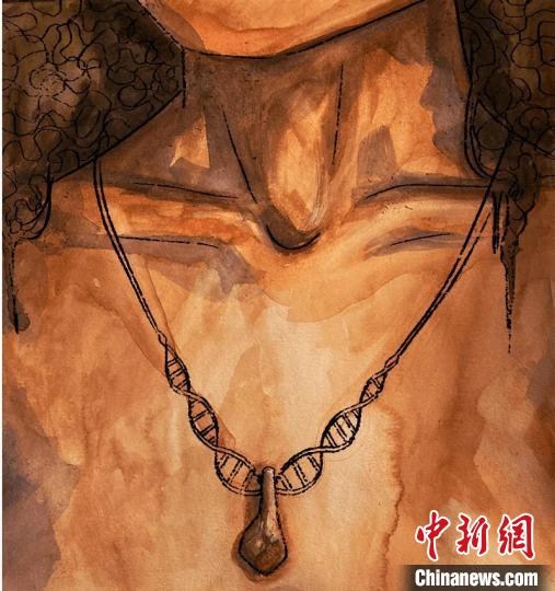 墜飾藝術再現圖，圖中吊墜繩為DNA螺旋樣式(圖片作者Myrthe Lucas)。　施普林格·自然 供圖