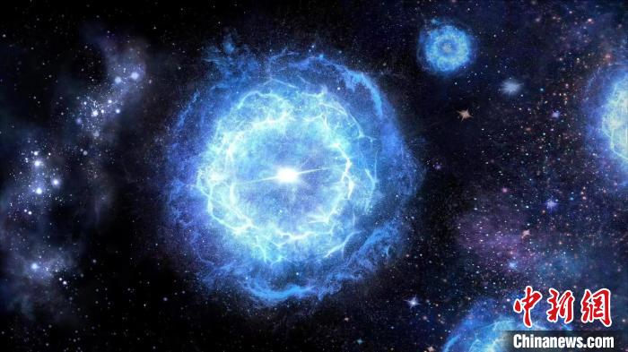 第一代超大質(zhì)量恒星演化成為“對(duì)不穩(wěn)定超新星”的藝術(shù)展示圖。　中科院國(guó)家天文臺(tái) 供圖