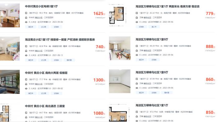 北京市海淀區(qū)部分高單價(jià)二手房源截圖。