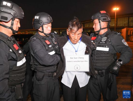 1月30日，在緬甸內(nèi)比都國際機(jī)場，緬甸警方依法向我公安機(jī)關(guān)移交緬北重大犯罪嫌疑人白所成。新華社記者 殷剛 攝