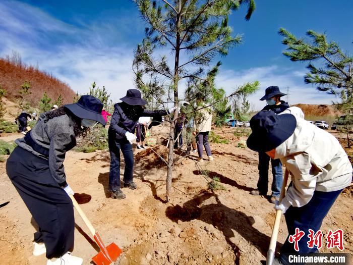 圖為西寧市城東區(qū)干部職工參加義務植樹。　張?zhí)砀?攝