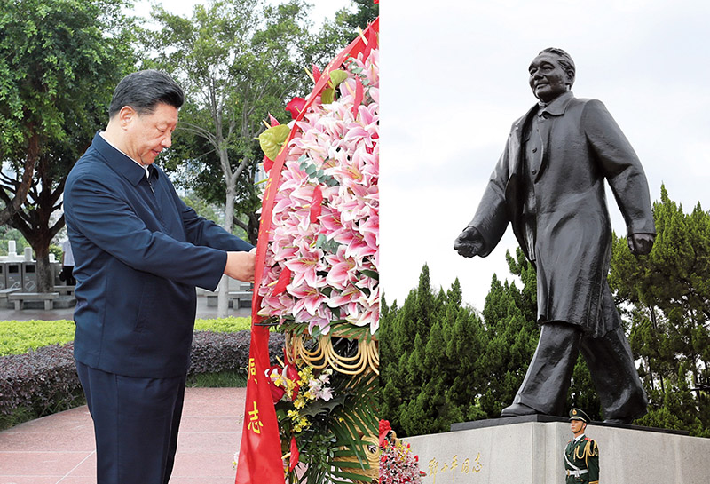 2020年10月14日，習(xí)近平總書記向深圳蓮花山公園鄧小平同志銅像敬獻(xiàn)花籃。