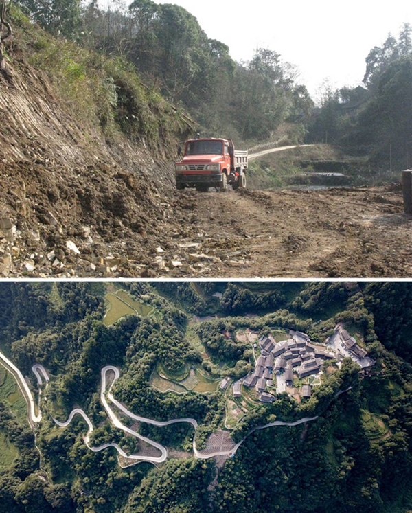 拼版照片：上圖為2011年12月拍攝的湖南省湘西土家族苗族自治州花垣縣十八洞村進村道路；下圖為2019年9月拍攝的十八洞村及進村道路。