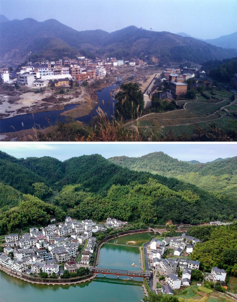 圖為浙江省杭州市淳安縣楓樹嶺鎮下姜村拼版圖，其中上圖為資料照片、下圖由新華社記者張鋮攝。