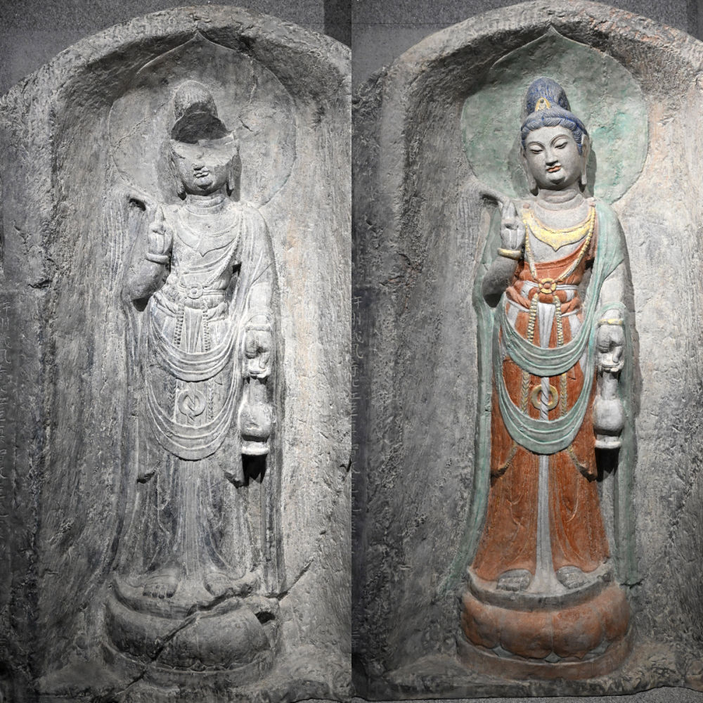 左圖為龍門石窟萬佛洞窟前南壁菩薩造像的3D打印模型；右圖為利用數(shù)字化技術復原后的3D打印模型（2025年4月10日攝，拼版照片）。復原后的像龕精妙絕倫，栩栩如生，被游客譽為“龍門最美菩薩”。圖片來源新華社